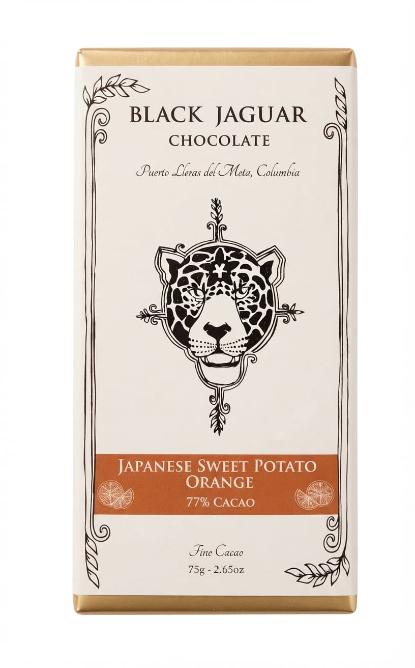 Japanese Sweet Potato Orange 77% 77% dark bar packaging by Black Jaguar Chocolate