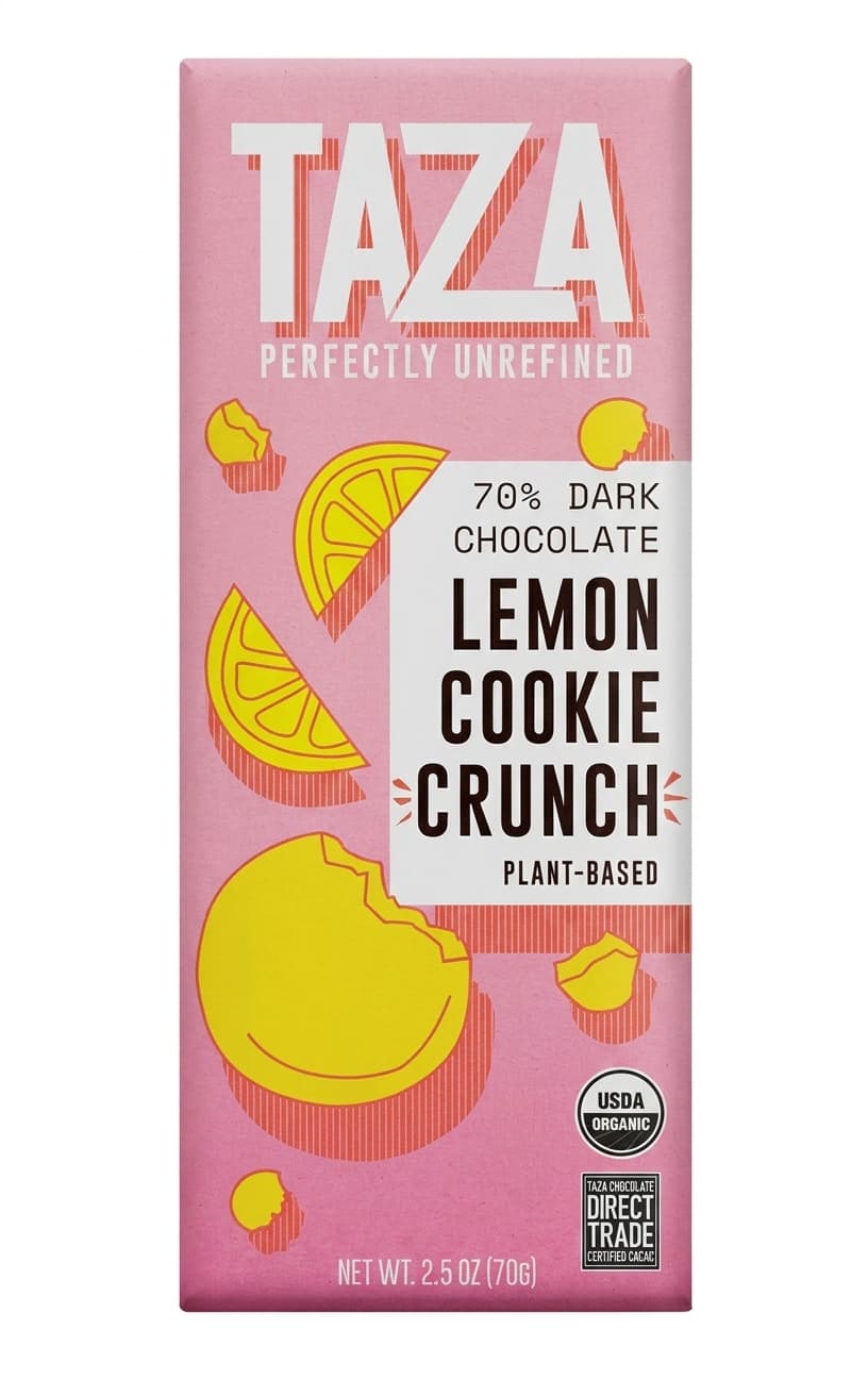 Lemon Cookie Crunch 70% 70% dark bar packaging by Taza