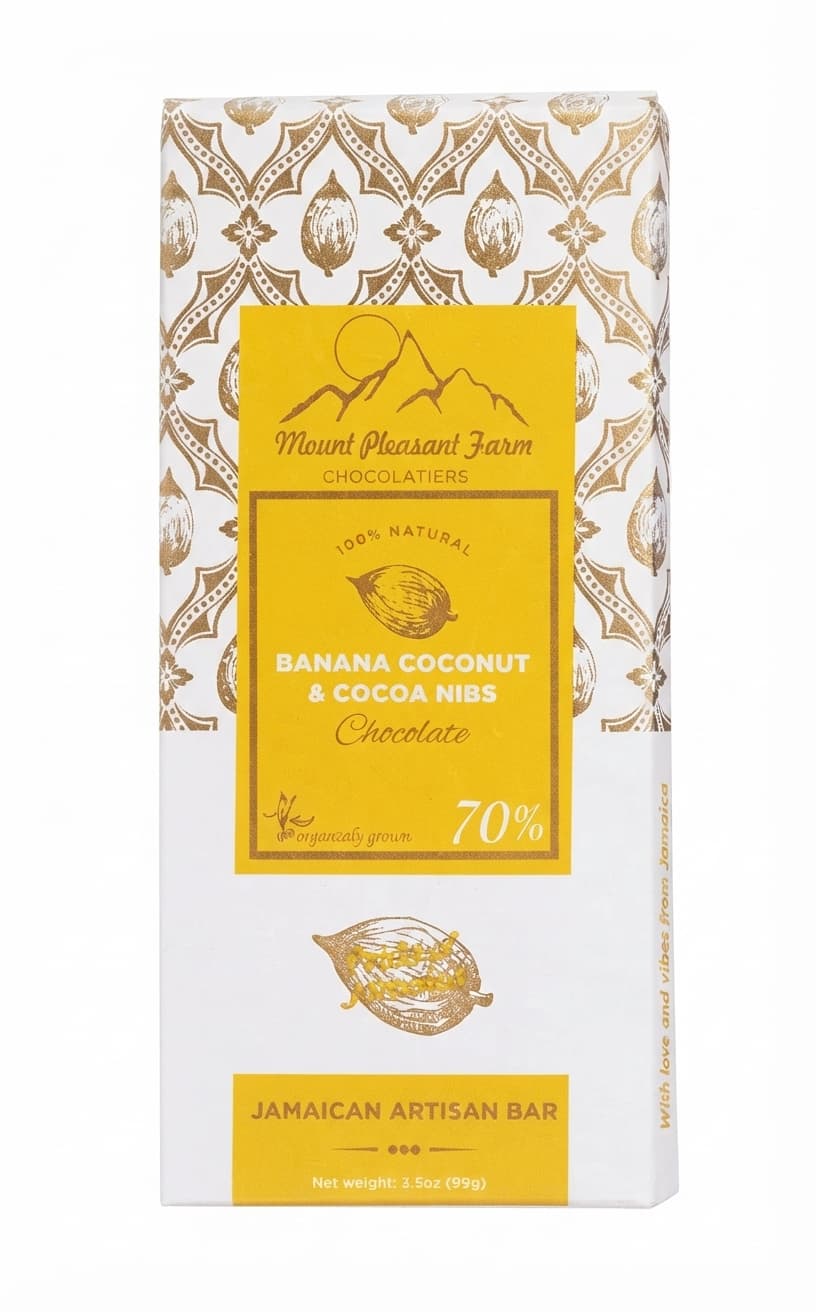 Banana Coconut & Cocoa Nibs 70% 70% dark bar packaging by Mount Pleasant Farm Chocolatiers