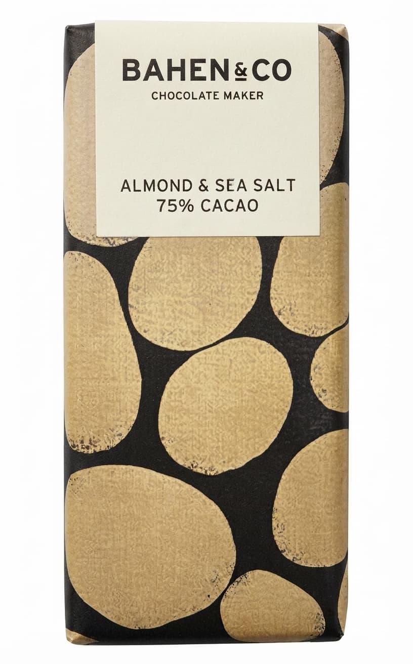 Almond & Sea Salt 75% 75% dark bar packaging by Bahen & Co