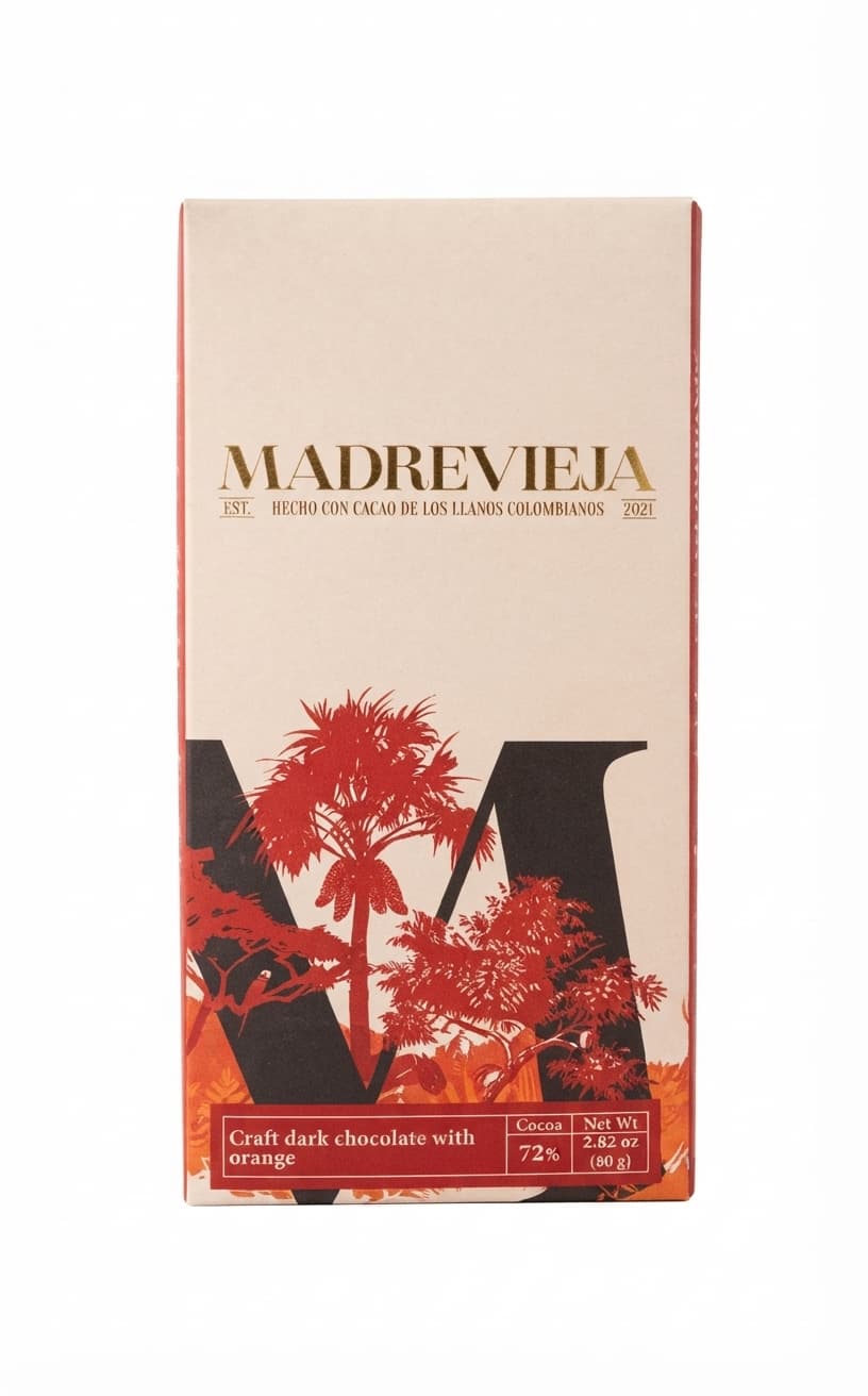 Orange Peel 72% 72% dark bar packaging by Madrevieja Chocolate