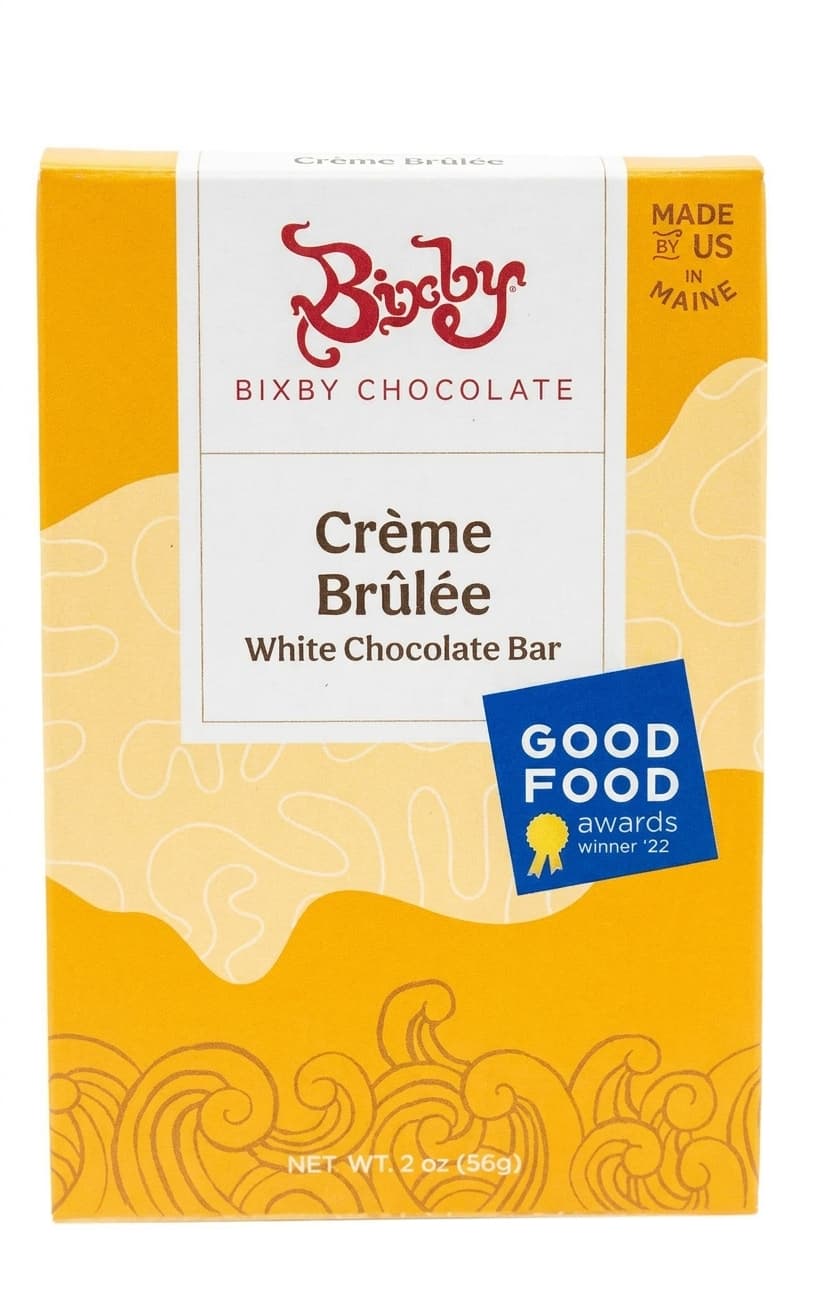 Crème Brûlée 36% white bar packaging by Bixby Chocolate