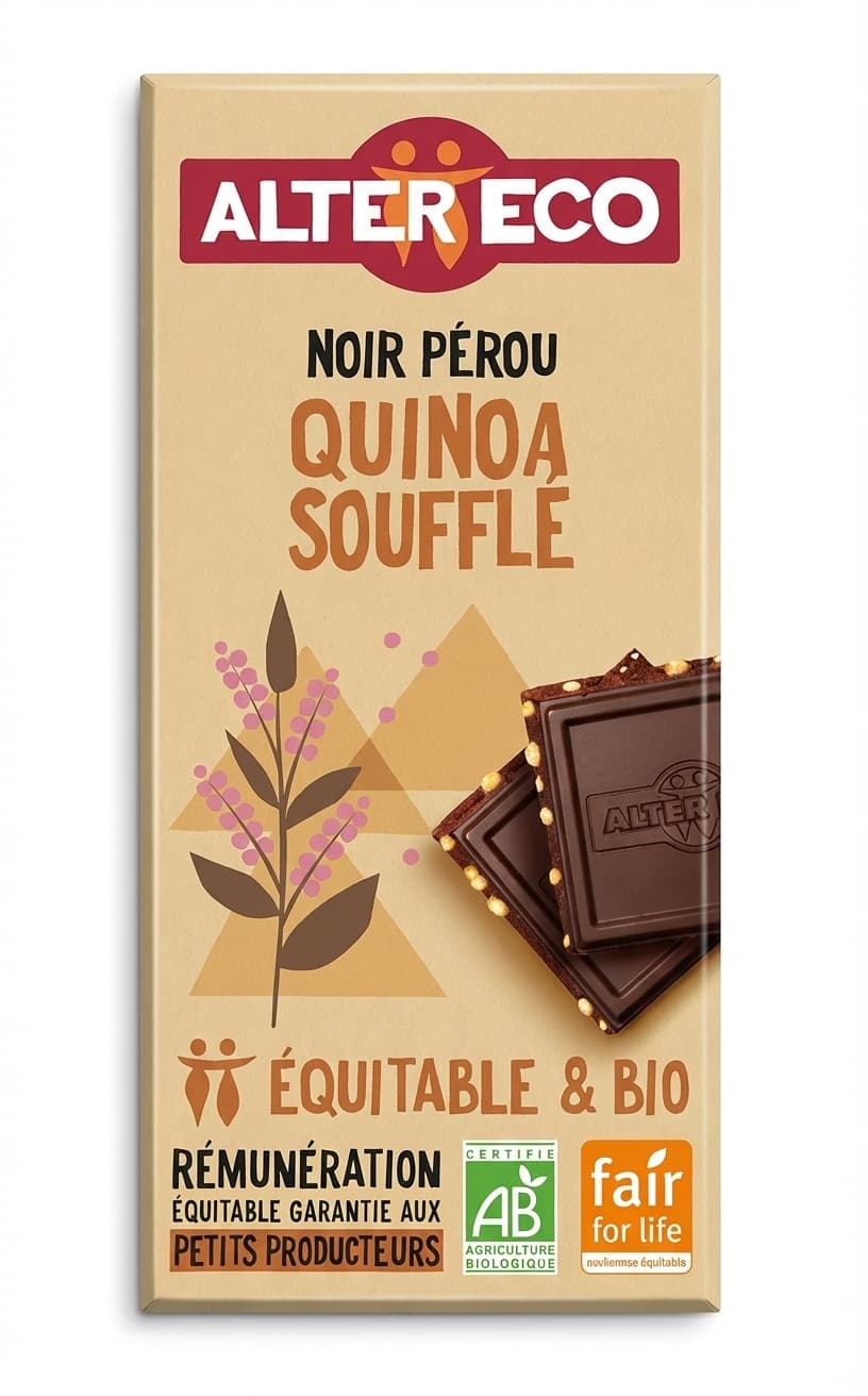 Noir Pérou Quinoa Souffle 56% dark bar packaging by Alter Eco