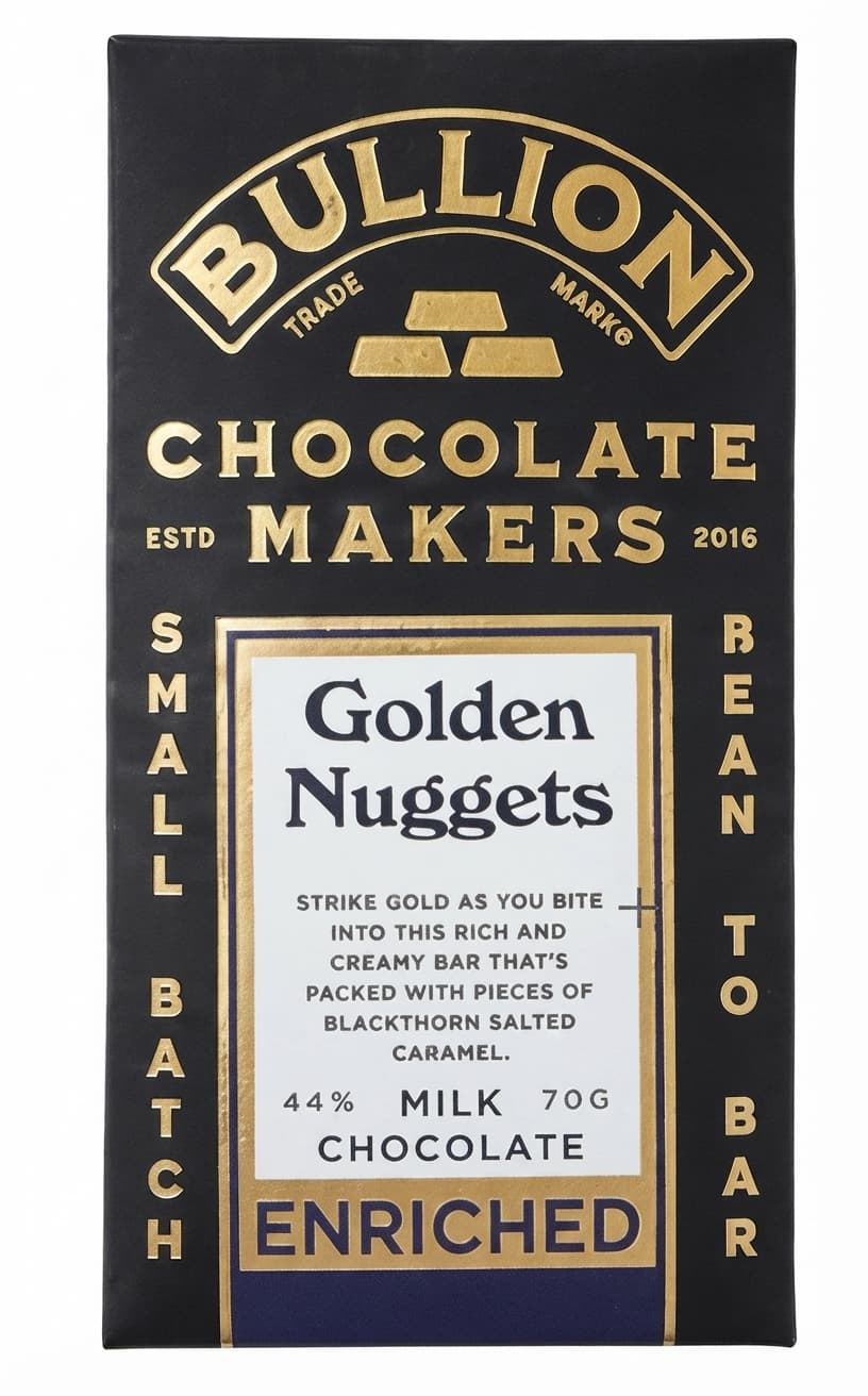 Golden Nuggets 44% milk bar packaging by Bullion