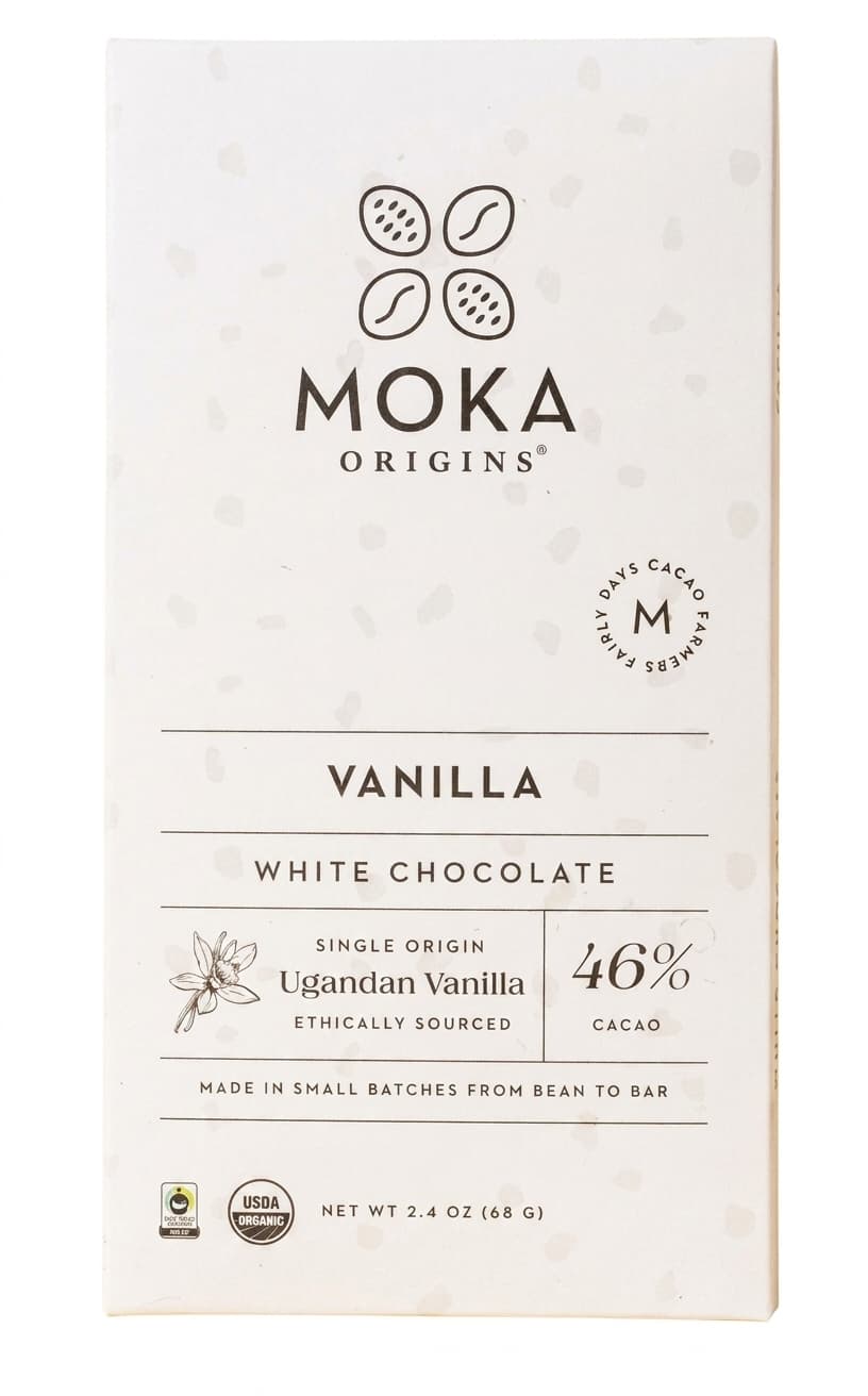 Vanilla 46% white bar packaging by Moka Origins