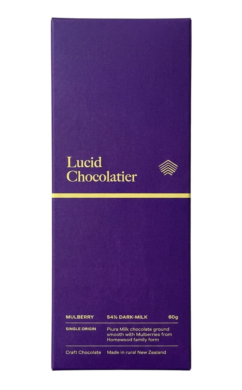 Mulberry 54% milk bar packaging by Lucid Chocolatier