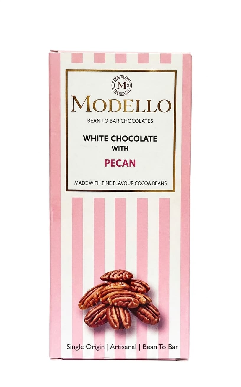 Pecan White null% white bar packaging by Modello Chocolate