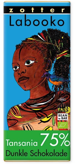 Labooko Tanzania 75% 75% dark bar packaging by Zotter