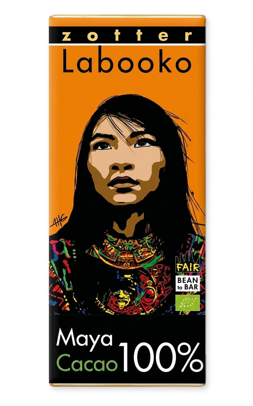 Labooko Maya Cacao 100% 100% dark bar packaging by Zotter