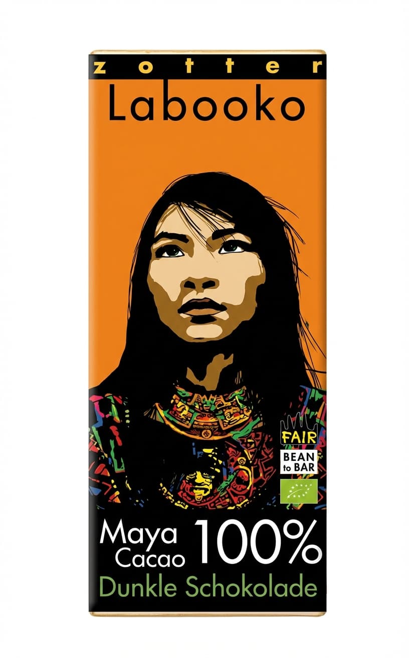 Labooko Maya Cacao 100% 100% dark bar packaging by Zotter