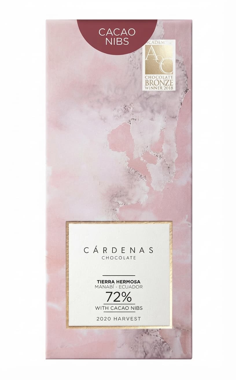 Cacao Nibs 72% 72% dark bar packaging by Cárdenas Chocolate