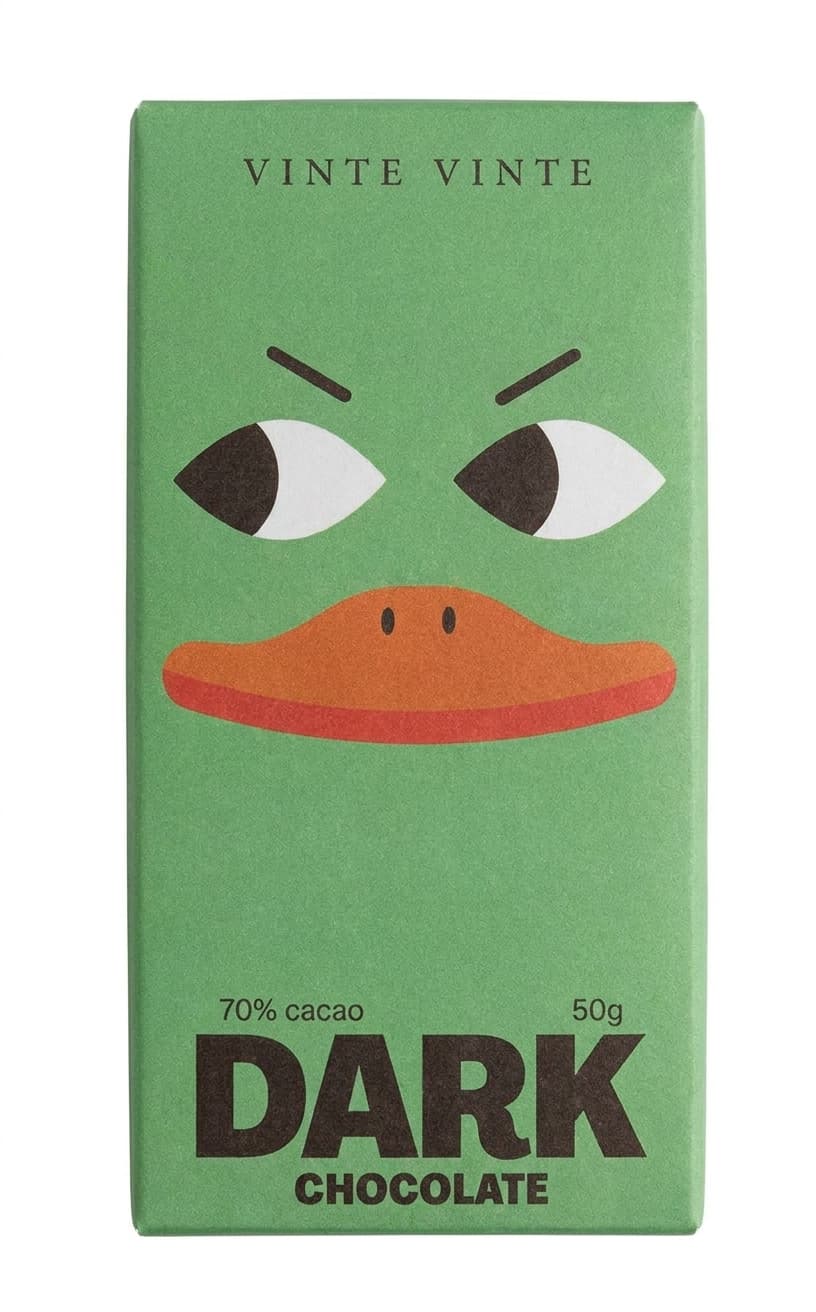 Dark 70% Duck Faces Classic 70% dark bar packaging by Vinte Vinte