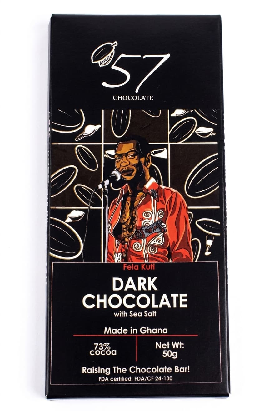 Fela Kuti Sea Salt 73% 73% dark bar packaging by 57 Chocolate