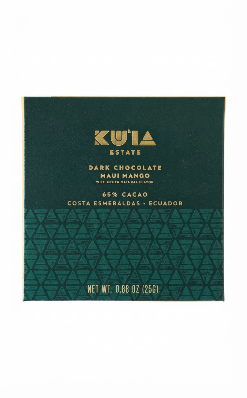 Mango 65% 65% dark bar packaging by Maui Ku'ia Estate Chocolate