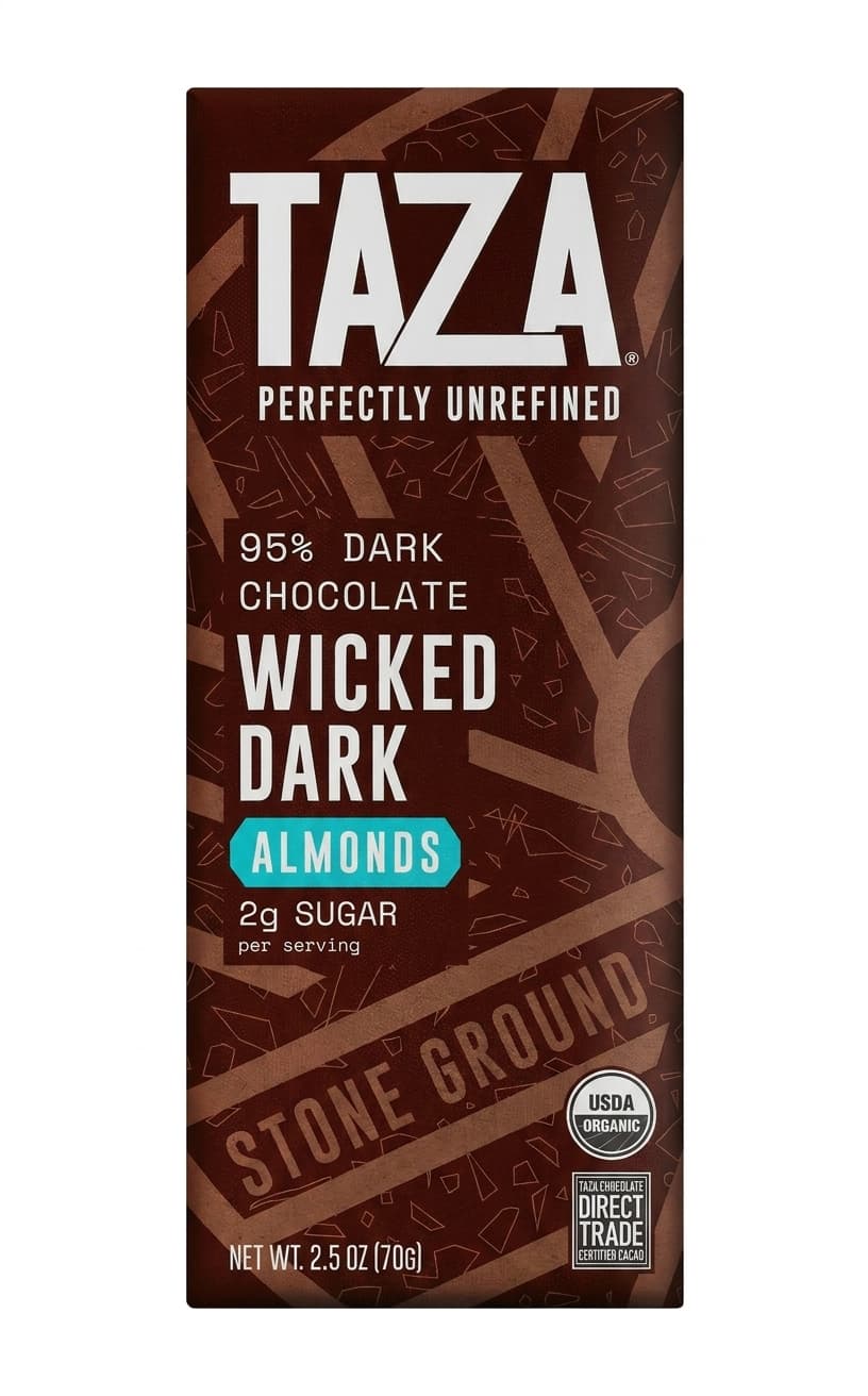 Wicked Dark Almonds 95% 95% dark bar packaging by Taza