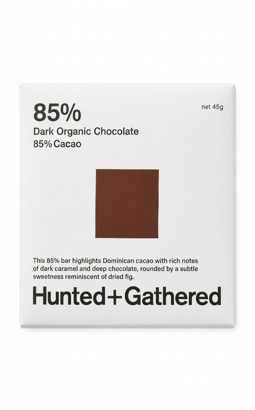 85% 85% dark bar packaging by Hunted + Gathered