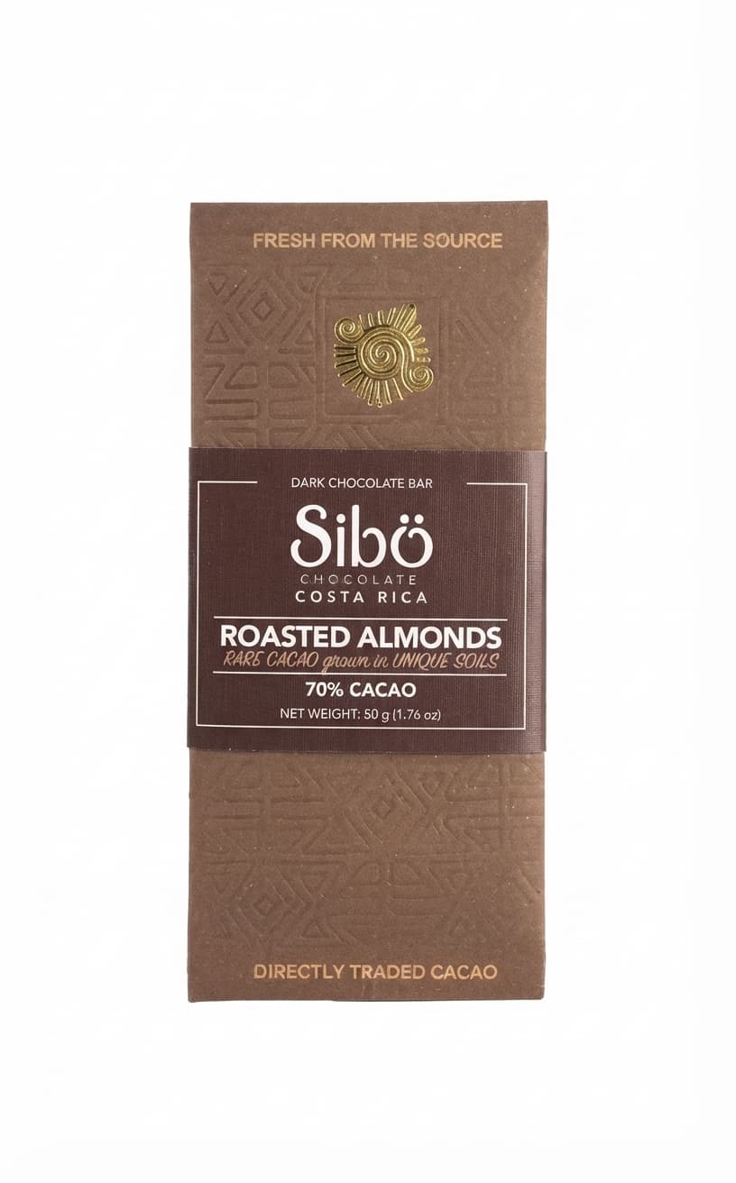 Roasted Almonds 70% 70% dark bar packaging by Sibö Chocolate