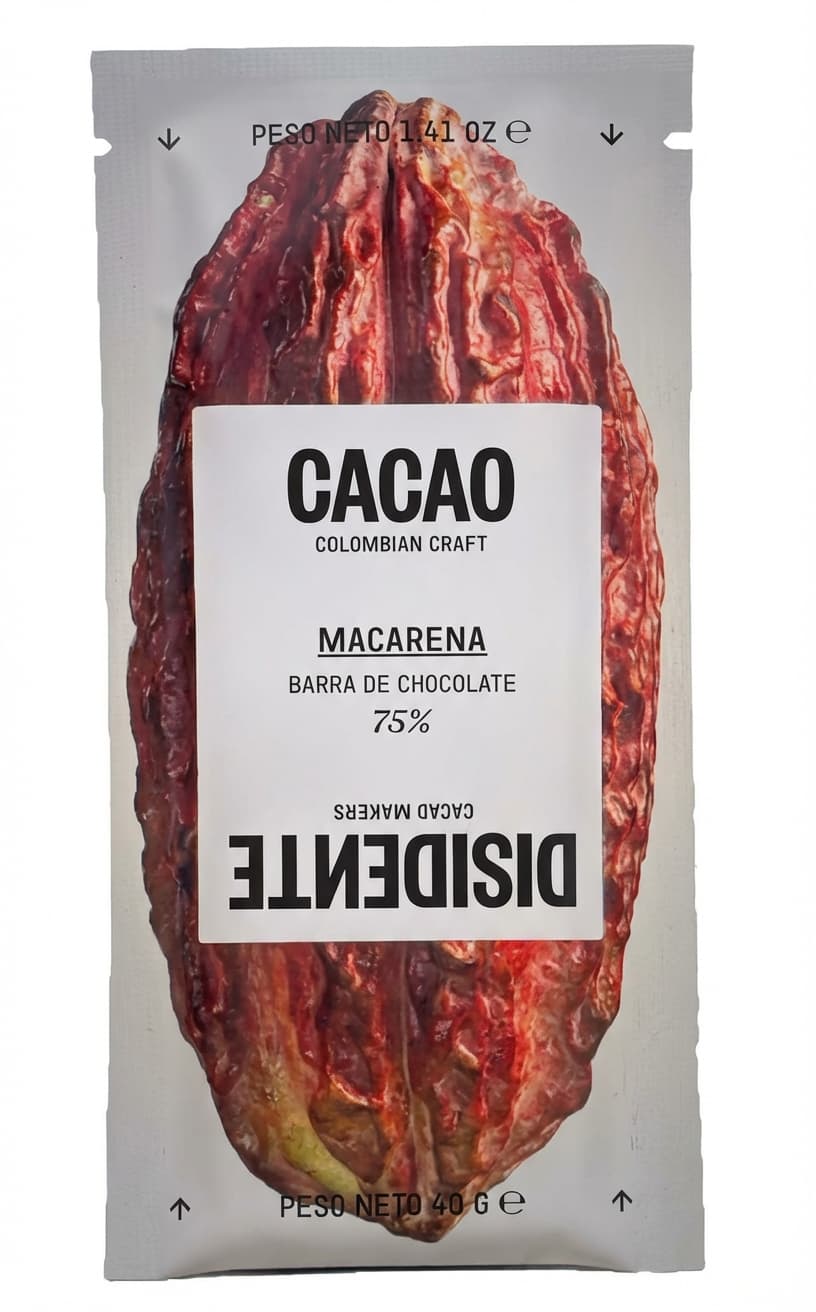 Macarena 75% 75% dark bar packaging by Cacao Disidente