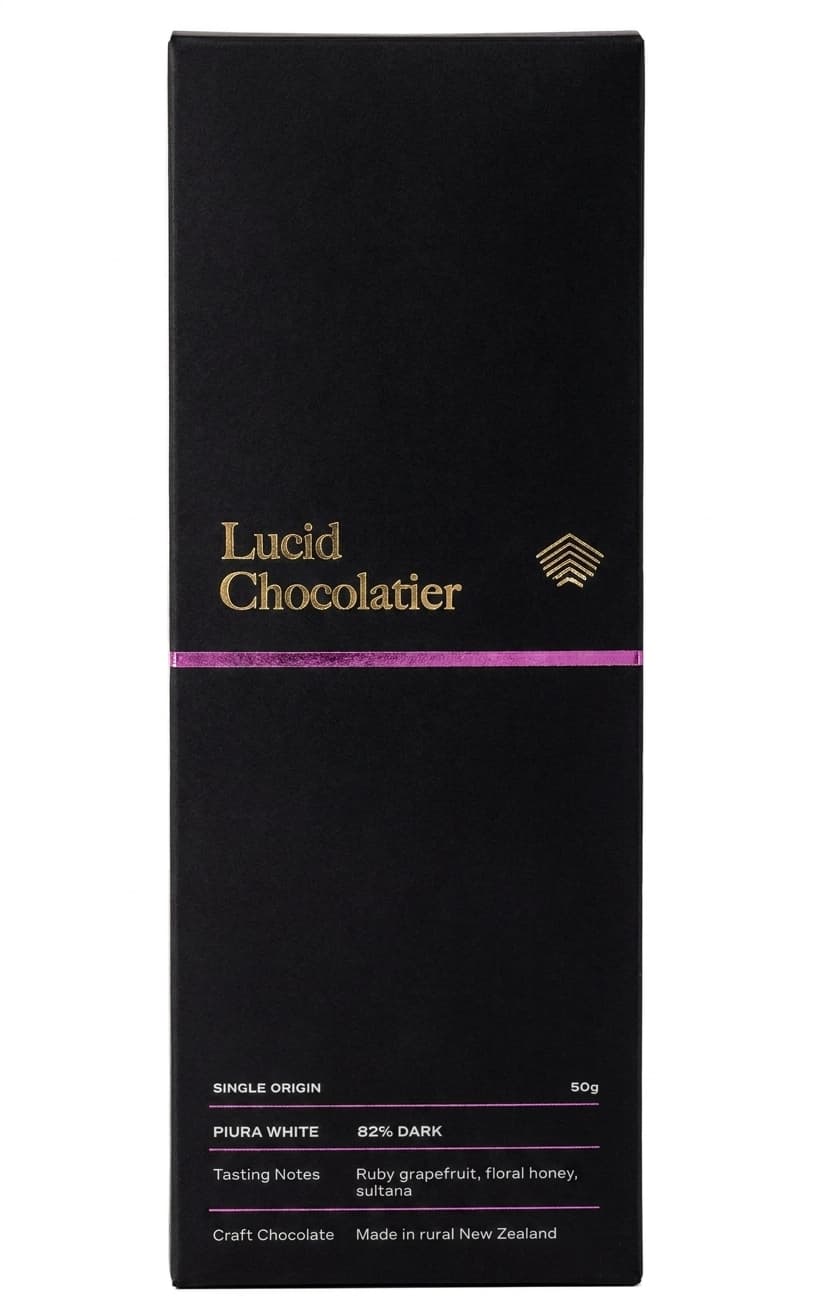 Piura White 82% Dark 82% dark bar packaging by Lucid Chocolatier