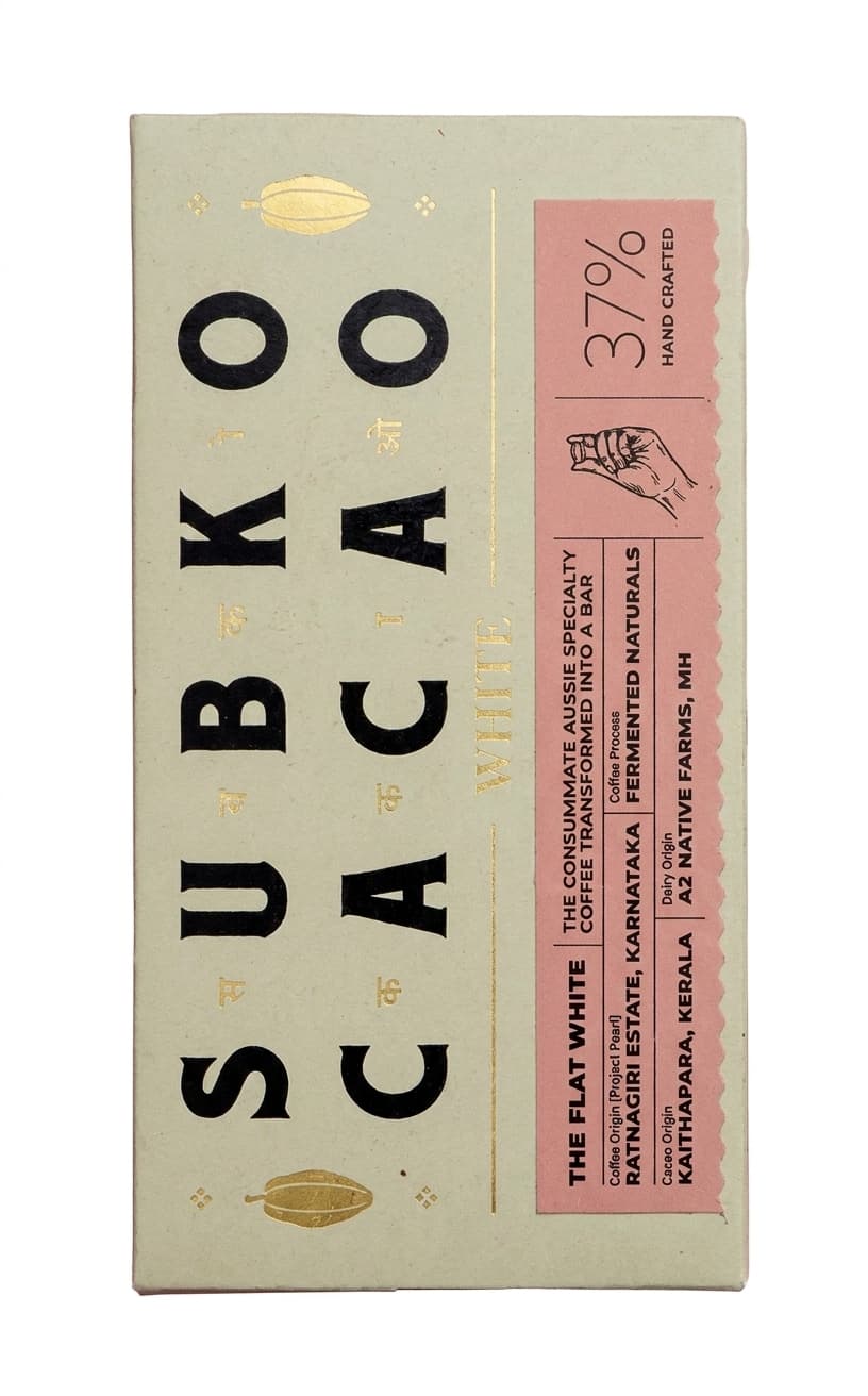 Flat White 37% 37% white bar packaging by Subko
