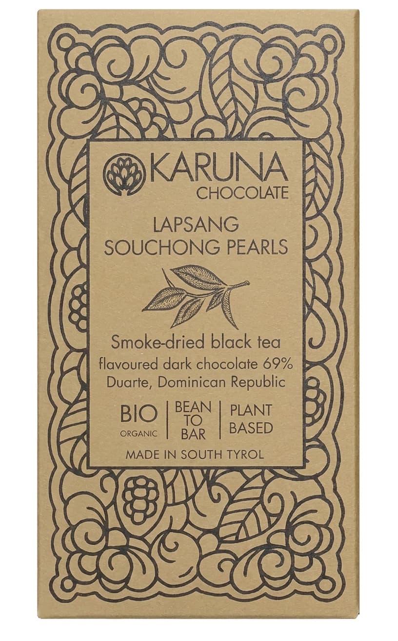 Lapsang Souchong Pearls 69% dark bar packaging by Karuna