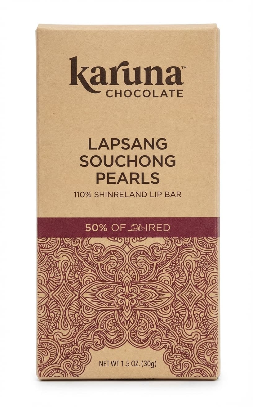 Lapsang Souchong Pearls 69% dark bar packaging by Karuna