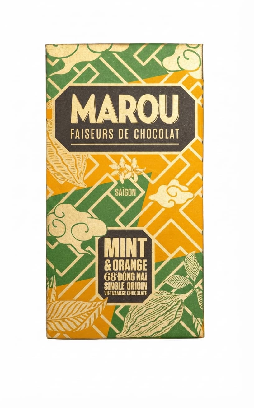Mint & Orange 68% Dong Nai 68% dark bar packaging by Marou Chocolate