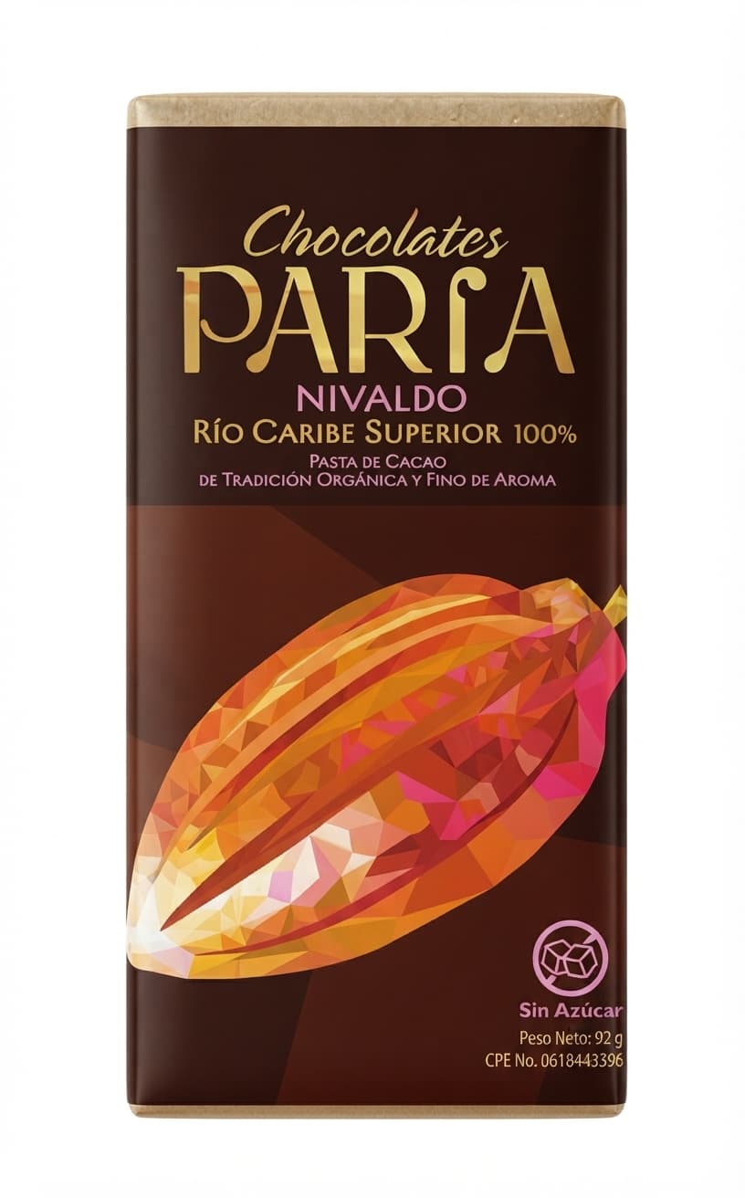 Nivaldo 100% 100% dark bar packaging by Chocolates Paria