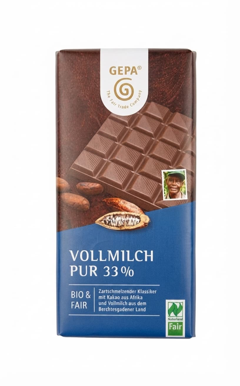 Vollmilch Pur 33% 33% milk bar packaging by GEPA