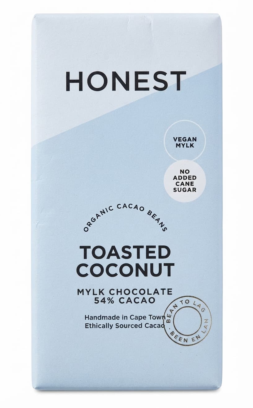 Toasted Coconut 54% 54% milk bar packaging by Honest Chocolate
