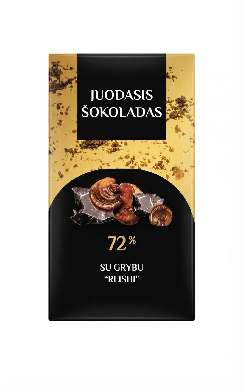 Reishi 72% 72% dark bar packaging by Biržų Šokoladas