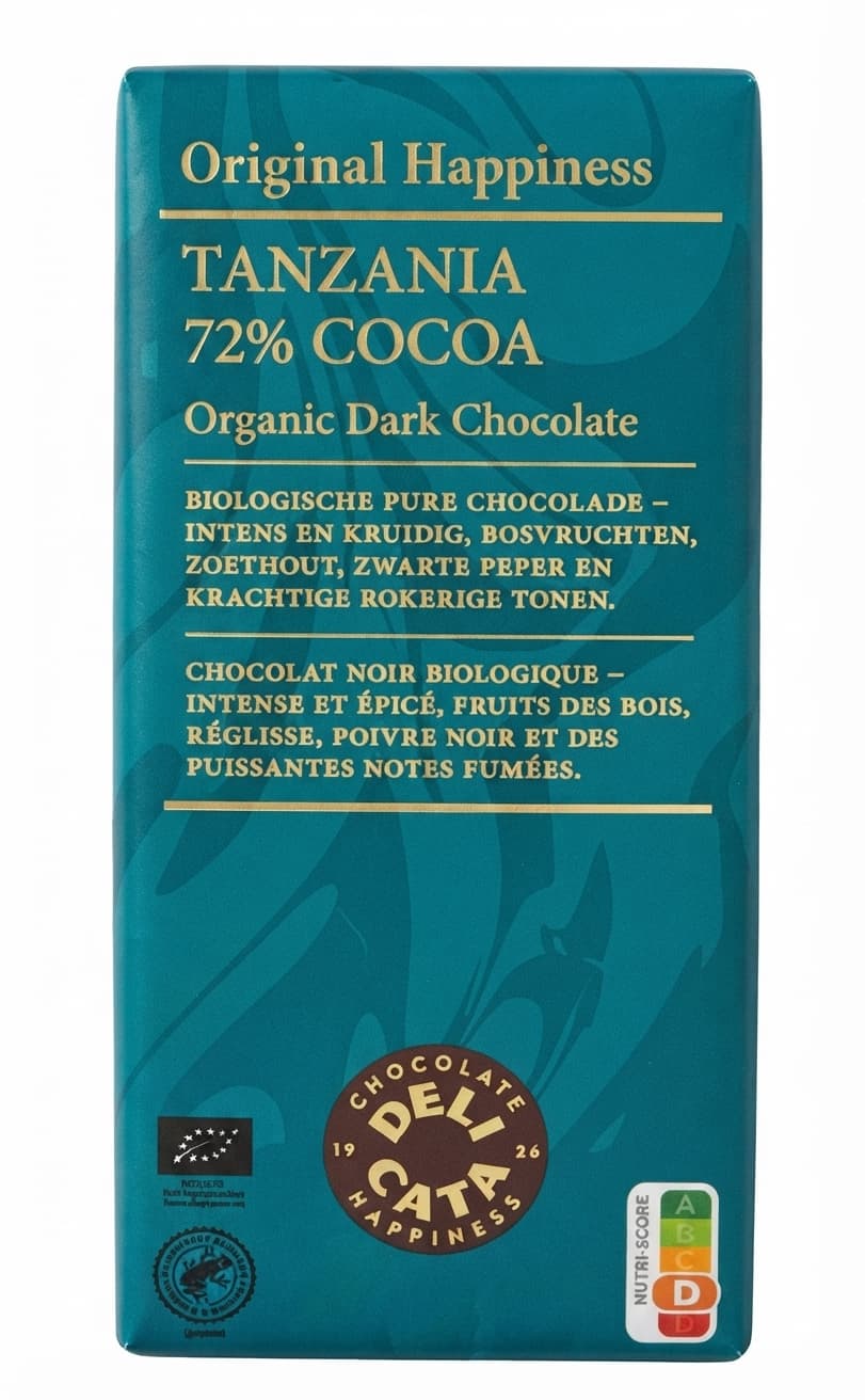 Tanzania 72% 72% dark bar packaging by Delicata
