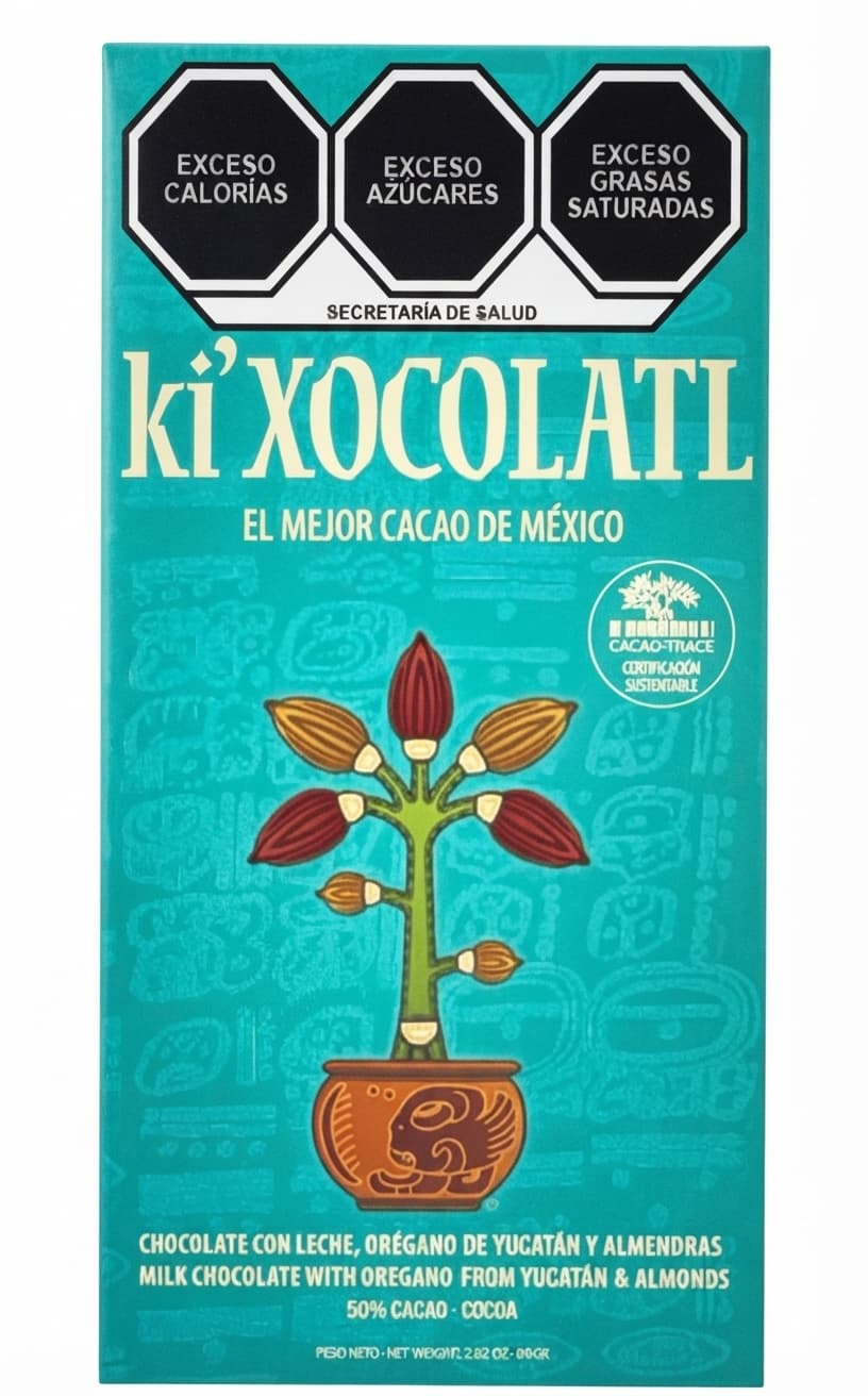 Milk Chocolate with Oregano & Almonds 50% 50% milk bar packaging by Ki'Xocolatl