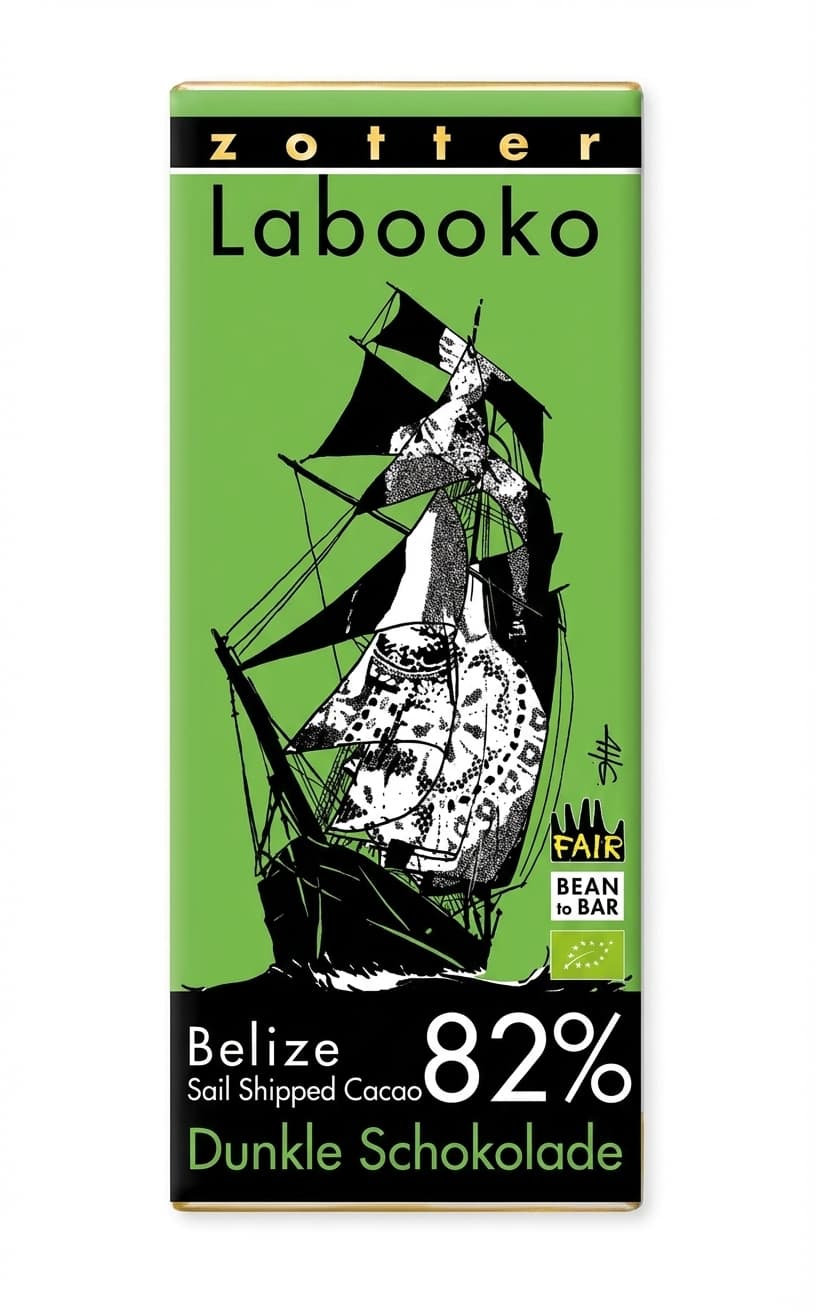 Labooko Belize Sail Shipped Cacao 82% 82% dark bar packaging by Zotter
