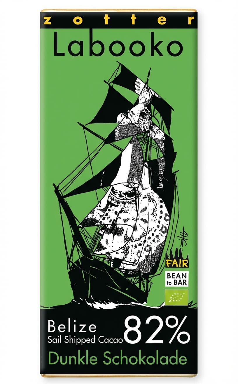 Labooko Belize Sail Shipped Cacao 82% 82% dark bar packaging by Zotter
