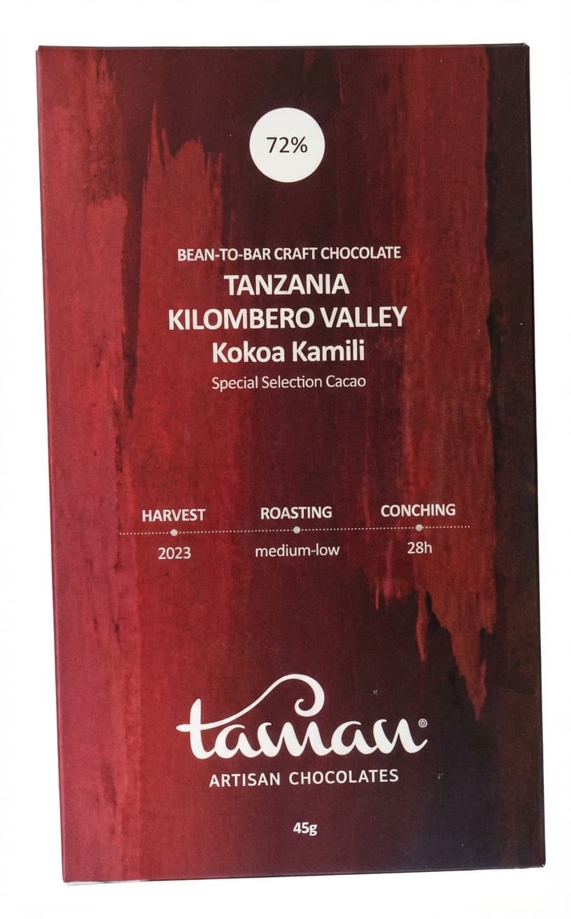 Tanzania Kilombero Valley Kokoa Kamili 72% dark bar packaging by Taman