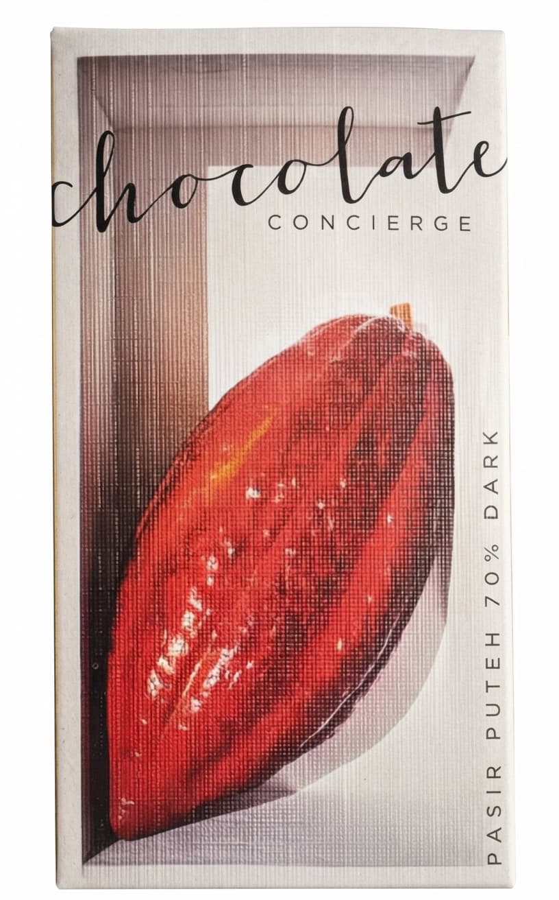 Pasir Puteh 70% 70% dark bar packaging by Chocolate Concierge
