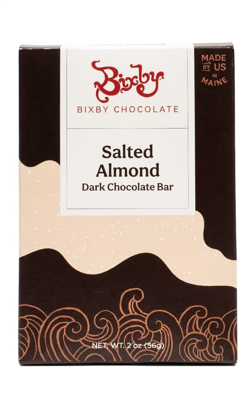 Salted Almond 70% dark bar packaging by Bixby Chocolate