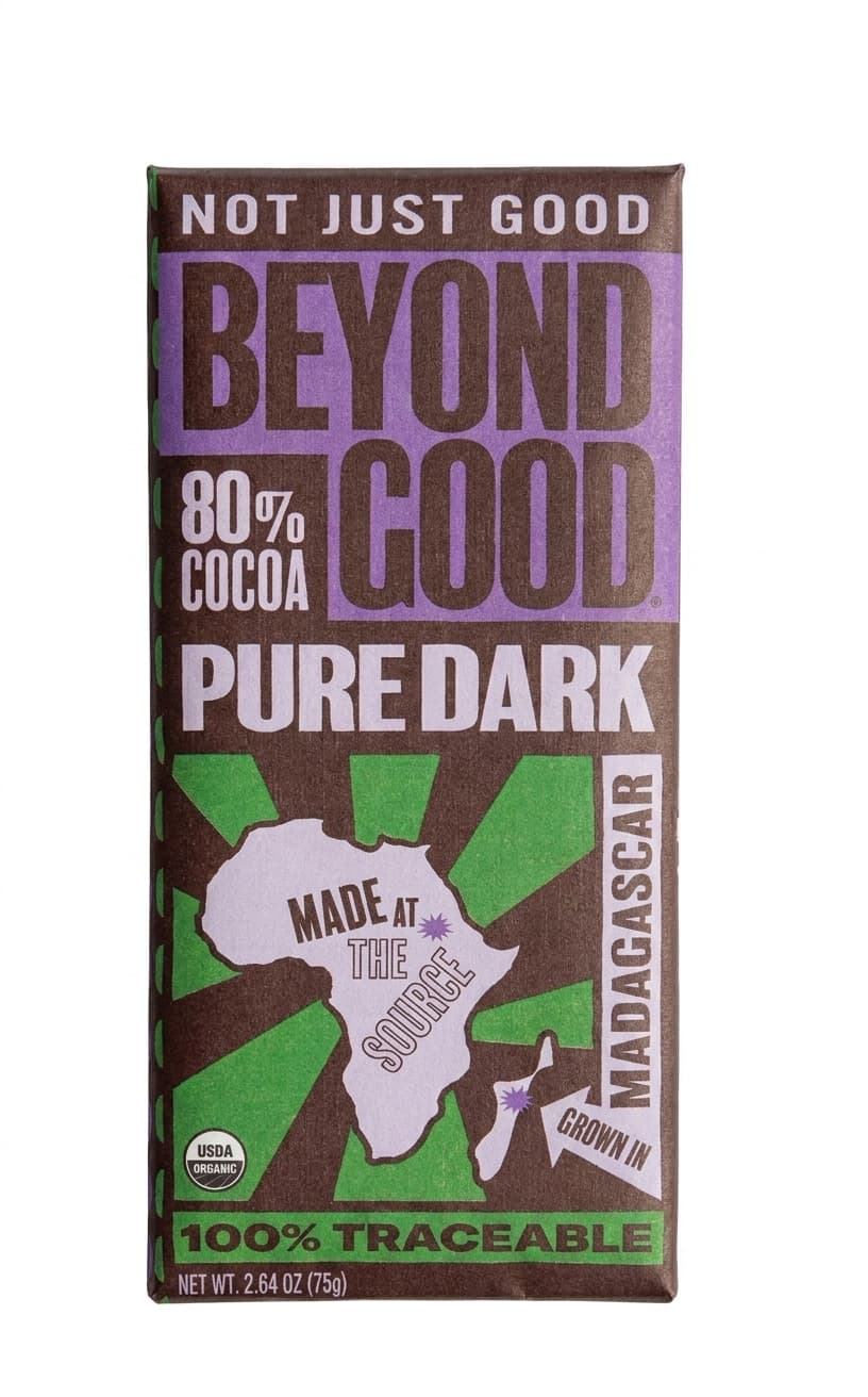 Pure Dark 80% Cocoa 80% dark bar packaging by Beyond Good