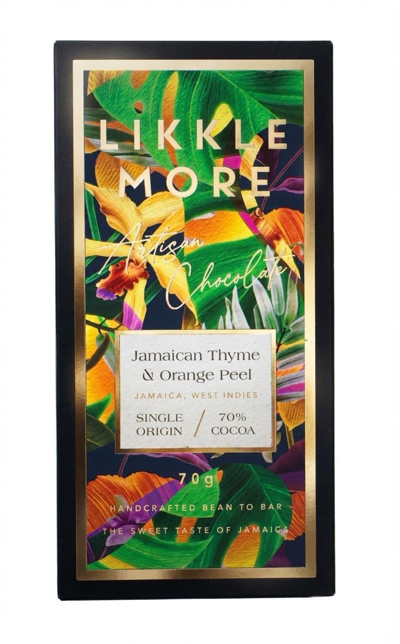Jamaican Thyme & Orange Peel 70% 70% dark bar packaging by Likkle More