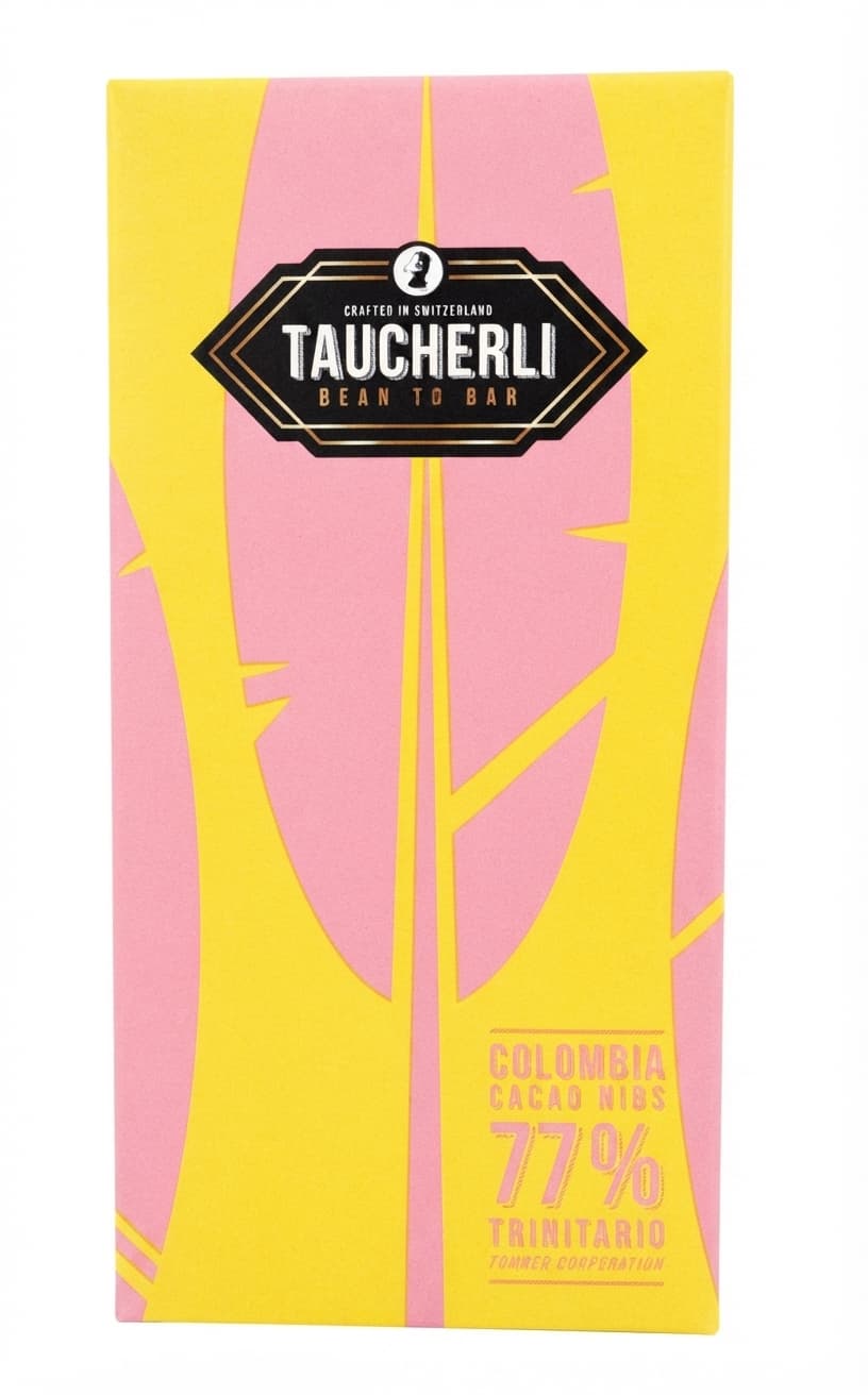 Colombia Cacao Nibs 77% 77% dark bar packaging by Taucherli