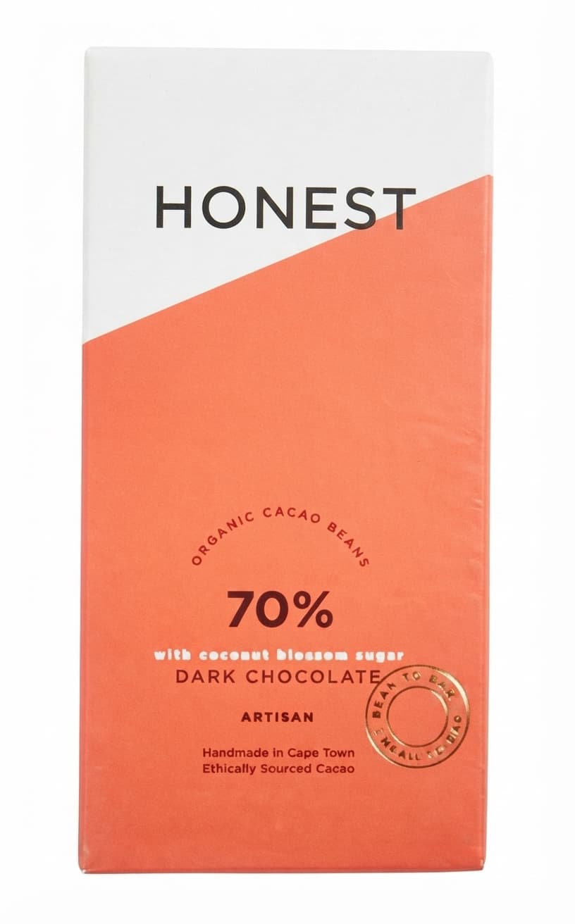70% Coconut Blossom Sugar 70% dark bar packaging by Honest Chocolate