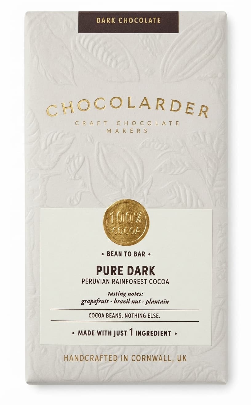 Pure Dark 100% 100% dark bar packaging by Chocolarder