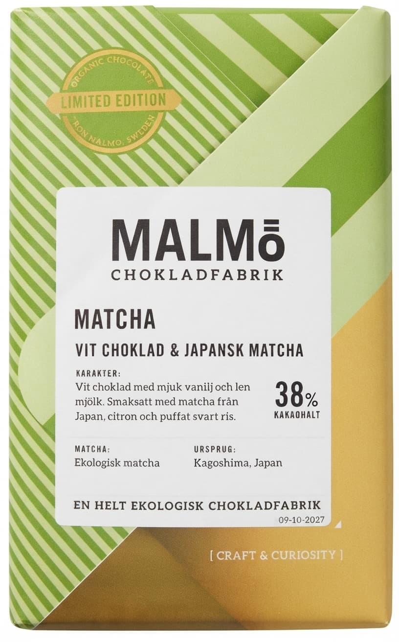 Matcha 38% white bar packaging by Malmö Chokladfabrik