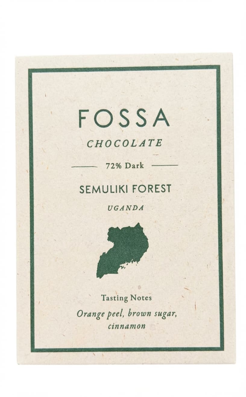 Semuliki Forest 72% 72% dark bar packaging by Fossa