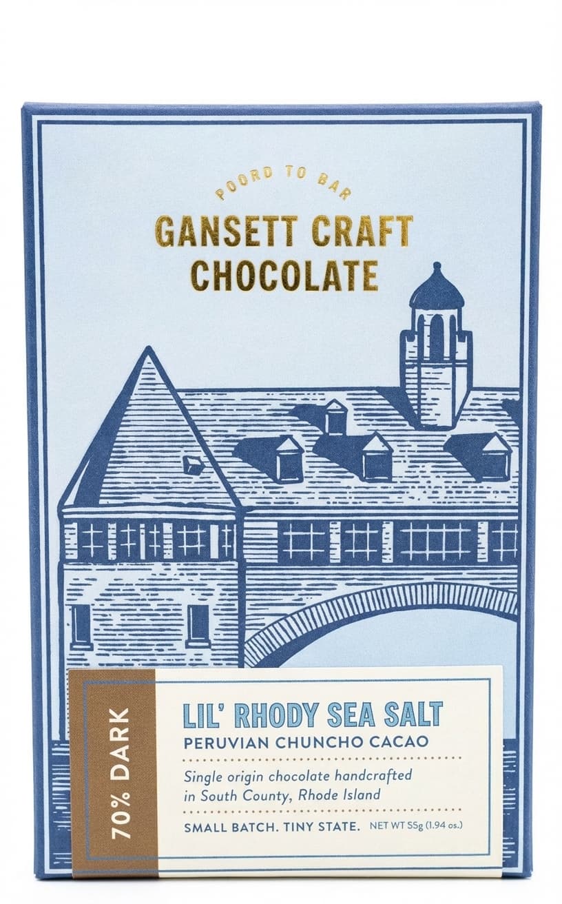 Lil' Rhody Sea Salt 70% dark bar packaging by Gansett Craft Chocolate