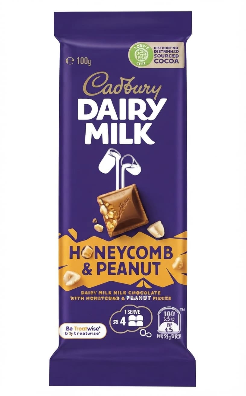 Dairy Milk Honeycomb & Peanut 27% milk bar packaging by Cadbury