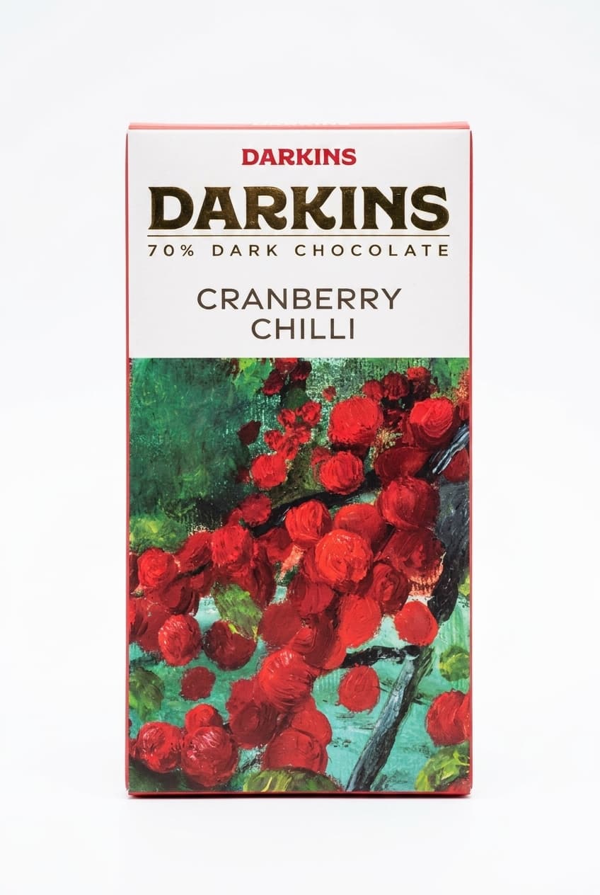 Cranberry Chilli 70% 70% dark bar packaging by Darkins