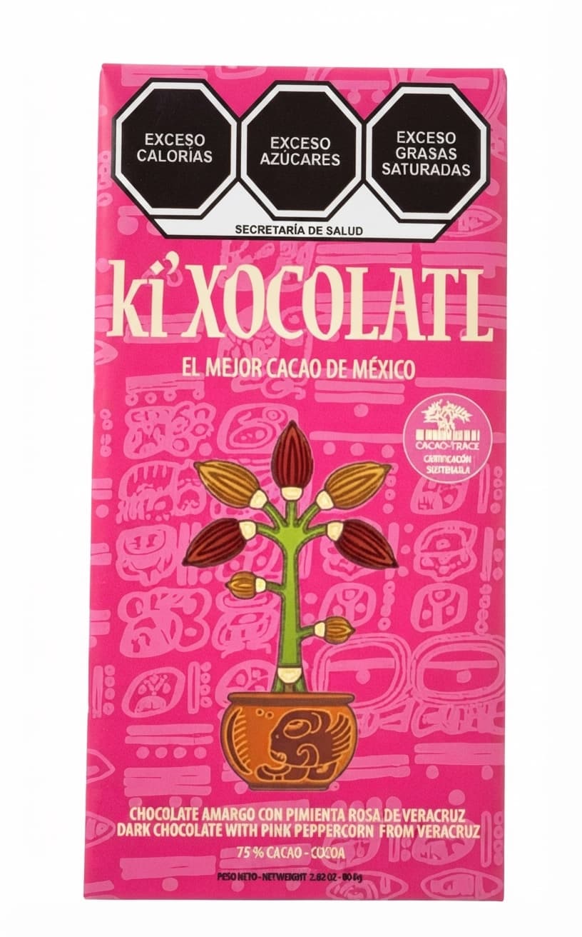 Pink Peppercorn 75% 75% dark bar packaging by Ki'Xocolatl