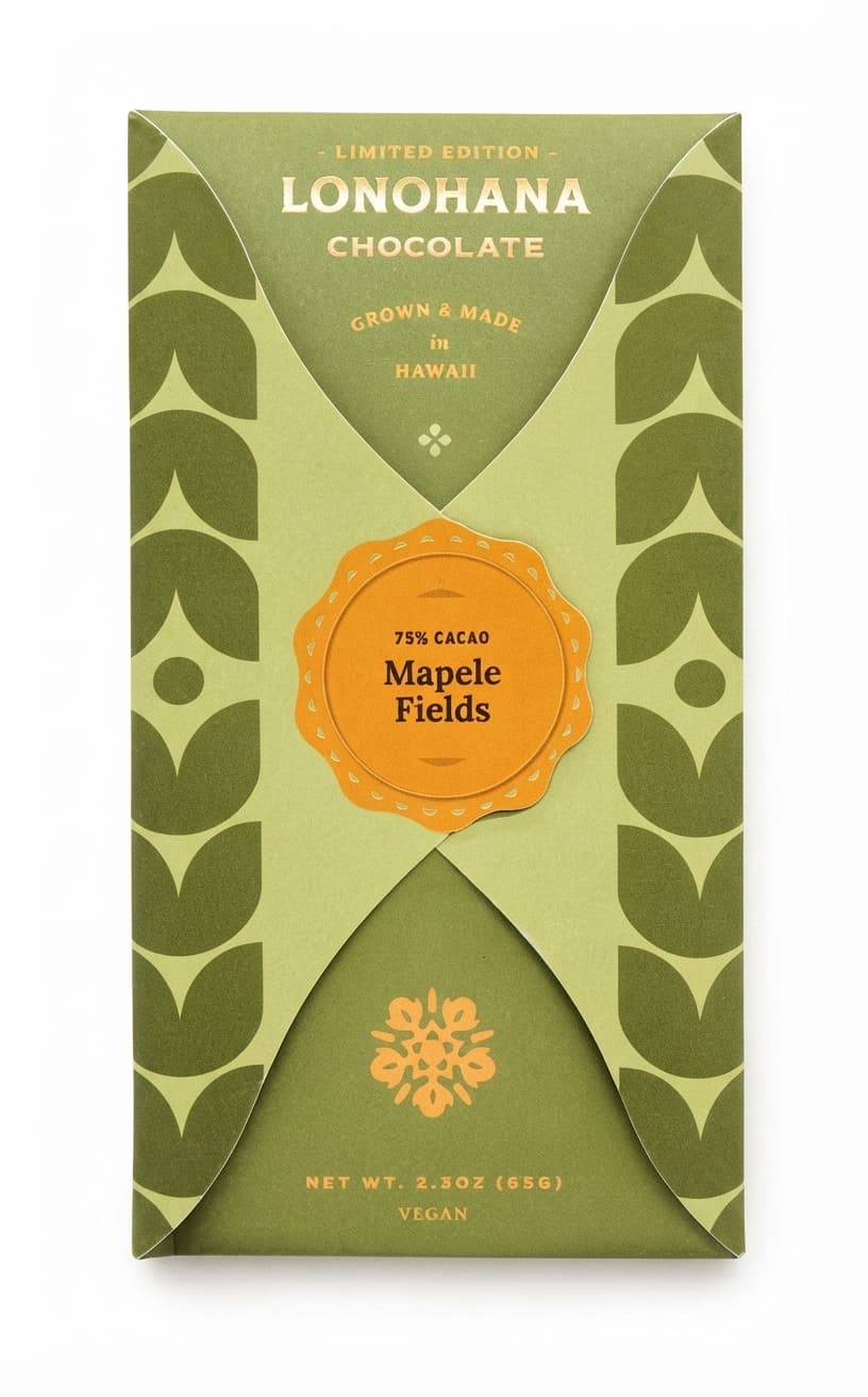 Mapele Fields 75% 75% dark bar packaging by Lonohana Estate Chocolate